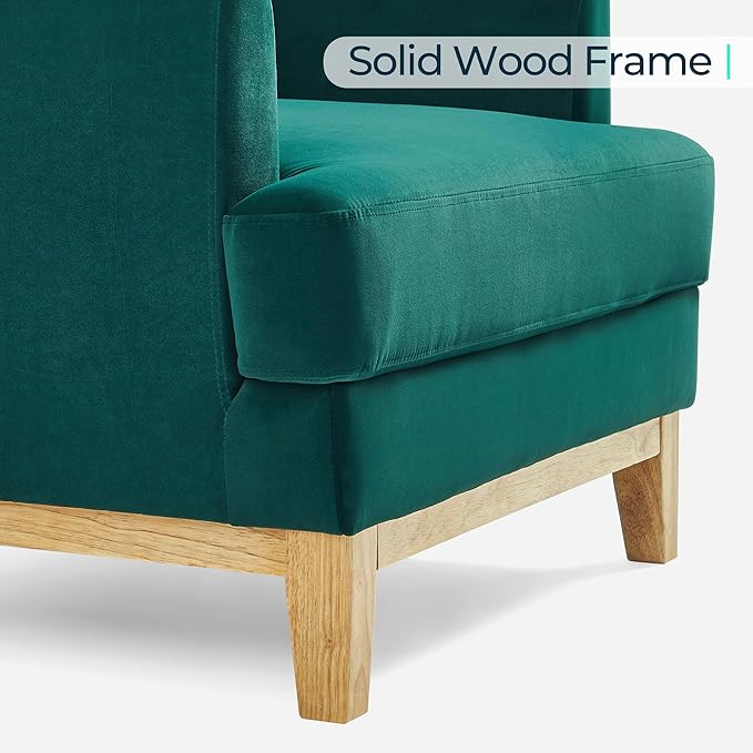 LINSY Accent Chair, Large Reading Chair with Rubberwood Base, Mid Century Modern Armchair with Lumbar Pillow, Cozy Single Sofa Chair for Living Room Bedroom Office Study, Velvet Arm Chair, Green