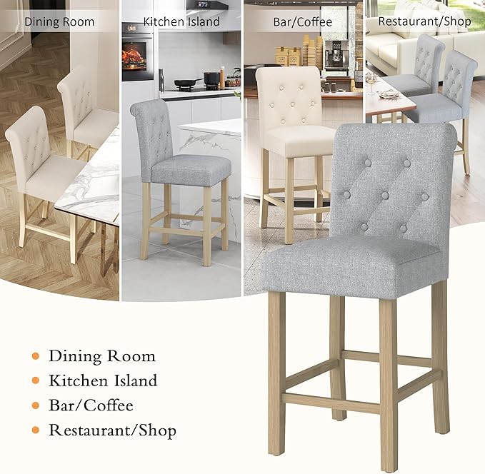 GOTMINSI 24" Bar Stools Set of 4 for Kitchen Island Upholstered Counter Height Bar Stools with Button Tufted Decoration Barstools Home Kitchen Island Wooden Bar Chairs Grey