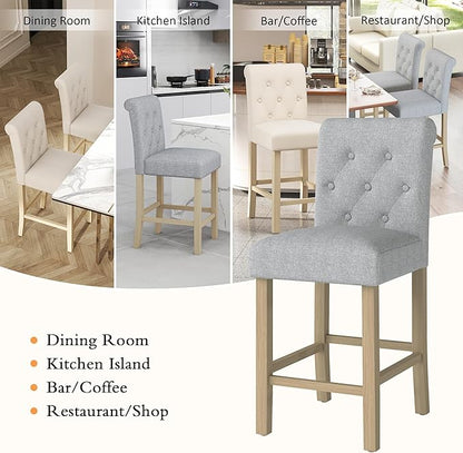 GOTMINSI 24" Bar Stools Set of 4 for Kitchen Island Upholstered Counter Height Bar Stools with Button Tufted Decoration Barstools Home Kitchen Island Wooden Bar Chairs Grey