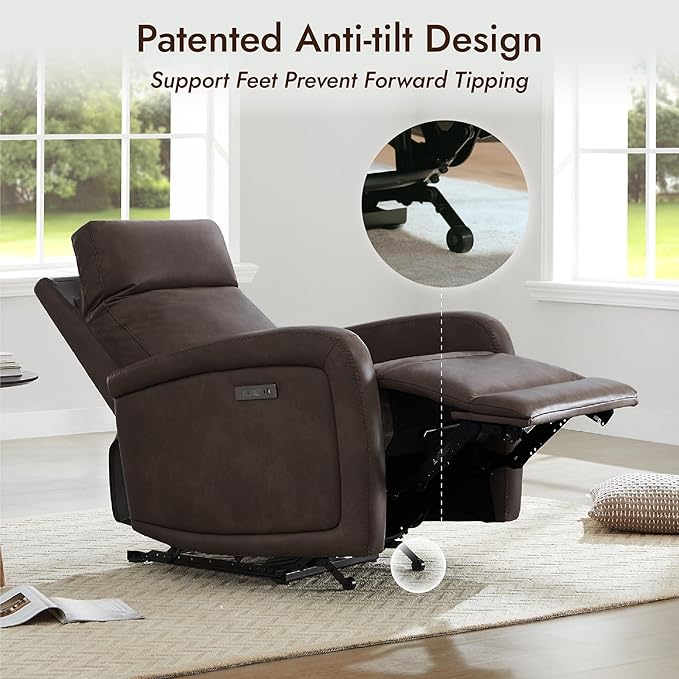 Watson & Whitely Recliner Chair, Zero Wall Reclining Sofa Chair W Power Headrest Type-C Charger, Small Faux Leather RV Recliners Home Theater Seating for Living Room, Chocolate