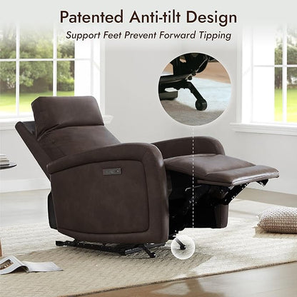 Watson & Whitely Recliner Chair, Zero Wall Reclining Sofa Chair W Power Headrest Type-C Charger, Small Faux Leather RV Recliners Home Theater Seating for Living Room, Chocolate