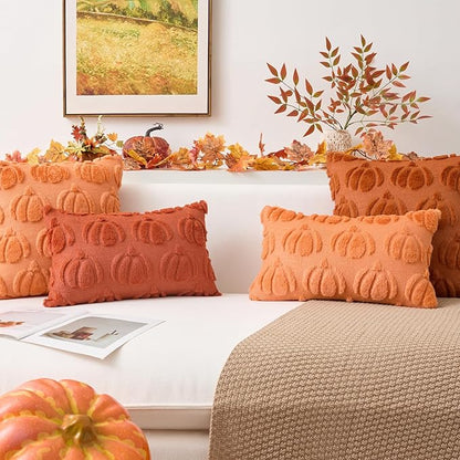 Kevin Textile Fall Pillow Covers 20x20 Inch Set of 2 Soft Pumpkins Decorative Square Pillowcases Plush Autumn Faux Fur Cushions Harvest Gift for Couch Sofa Chair Bedroom Home Decor, Rust