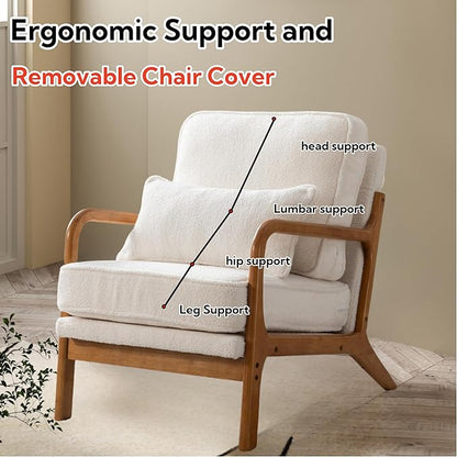 Mid-Century Accent Chair,Sherpa Fabric Lounge Chair with Wide Armrest,Sherpa Fabric Armchair with Lumbar Pillow & Solid Wood Frame for Living Room, Bedroom, Balcony(White)