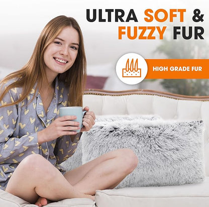Cheer Collection Throw Pillows for Couch and Bed, Soft Shaggy Throw Pillows with Inserts Included, Cozy Long Hair Faux Fur Pillows - Set of 2-12" x 20" - Gray