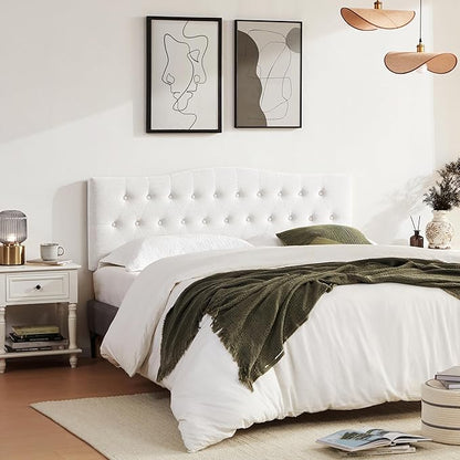 Tufted Upholstered Headboard California King, Sturdy and Durable Solid Wood Bed headboard, Fabric Headboard Adjustable Height from 37” to 51”, Button Diamond Design Head Board, White