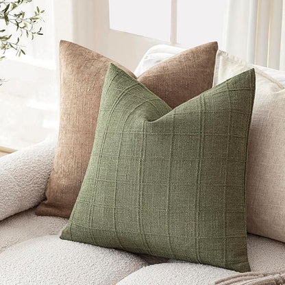 Foindtower Set of 2 Decorative Linen Check Throw Pillow Covers Neutral Farmhouse Vintage Cushion Covers Modern Boho Home Decor for Sofa Chair Couch Bedroom Living Room,24×24 Inch,Sage Green