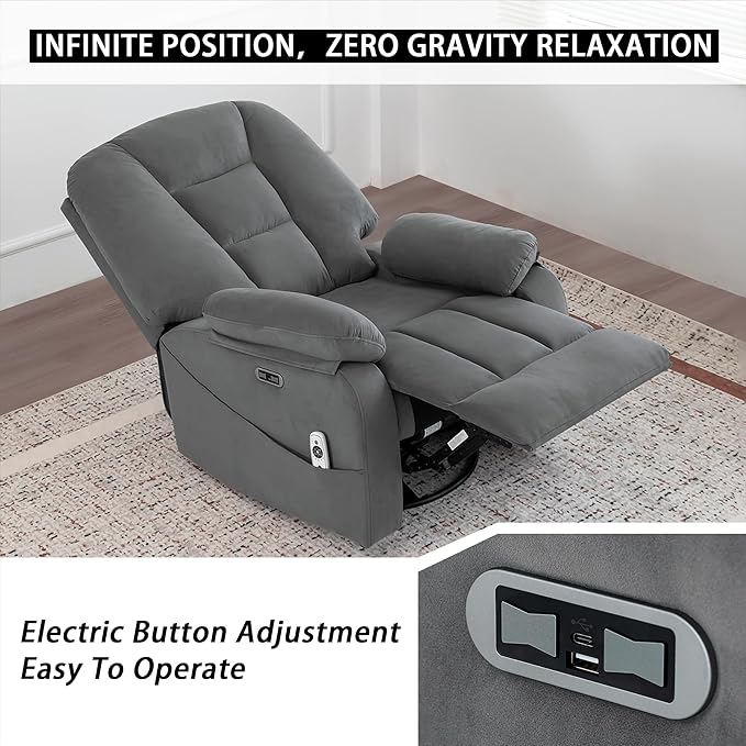 Power Swivel Rocker Recliner with Massage and Heat, USB and Type-C Port, Infinite Position, Electric Glider Rocking Chairs Living Room, Soft Fabric Reclining Sofa Chair (Velvet Grey)