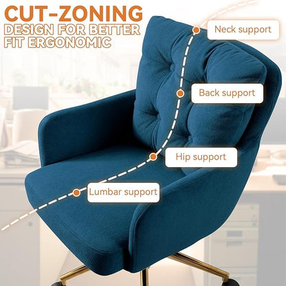 Velvet Office Chair, Comfy Home Office Desk Chairs with Lumbar Support, Modern Velvet Desk Chair Gold Legs Small Swivel Task Chair for Home Office, Bedroom, Study (Blue, L)
