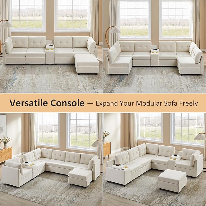 VANOMi 6 Seat Modular Sectional Sofa with 2 Ottomans, 118" Convertible Modular Cloud Sofa Bed, Comfy Chenille Sofas & Couches for Living Room, Apartment, Office, Beige, Large Sofa Bed