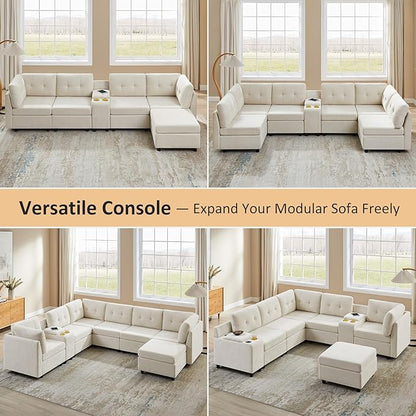 VANOMi 6 Seat Modular Sectional Sofa with 2 Ottomans, 118" Convertible Modular Cloud Sofa Bed, Comfy Chenille Sofas & Couches for Living Room, Apartment, Office, Beige, Large Sofa Bed