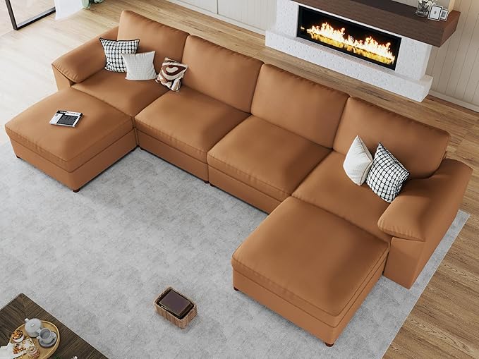EASE MOOSE Oversized Modular Sectional Sofa,Leather Sectional Couch with Deep Seat,Extra Large U Shaped Couch,Faux Leather Material Sofa Modern Comfy Scratch Resistant,Brown