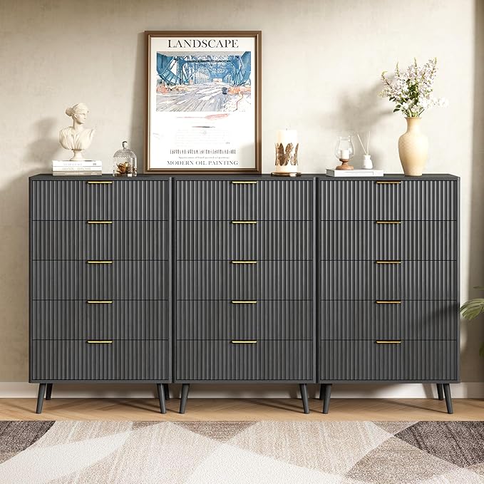 CARPETNAL Fluted 5 Drawers Dresser for Bedroom, 45" Tall Wooden Chest of Drawers with Rounded Corners, Gold Handles, Modern Storage Organizer for Bedroom, Hallway (Black)