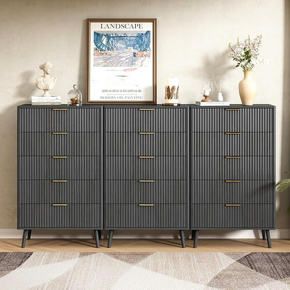 CARPETNAL Fluted 5 Drawers Dresser for Bedroom, 45" Tall Wooden Chest of Drawers with Rounded Corners, Gold Handles, Modern Storage Organizer for Bedroom, Hallway (Black)