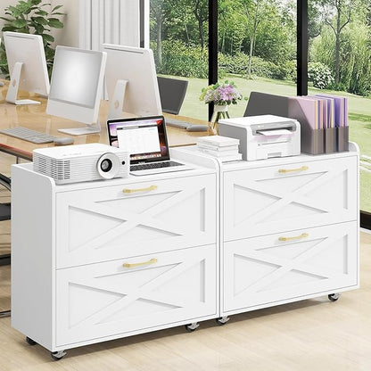 Lateral File Cabinet 2 Drawers Mobile File Cabinet with Charging Station for Letter/Legal/A4 Size Hanging Files, Large Wood File Storage Cabinets Printer Stand for Home Office, Simple White