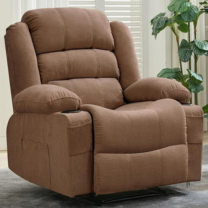 Large Recliner Chair for Adults Overstuffed Fabric Manual Pull Tab Recliner with Cup Holders, Side Pocket, 3-Position Recline, Minimalist Style Single Sofa Chair for Living Room Bedroom, Brown