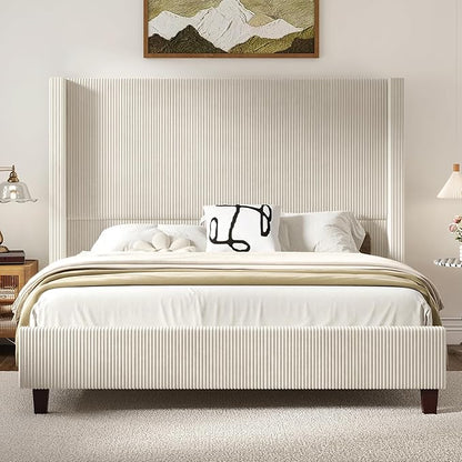HOWE Queen Size 61" Corduroy Upholstered Bed Frame, Platform Bed with Vertical Stripe Wingback Headboard, No Box Spring Needed/Noise Free/Solid Wood Slats & Legs/Cream