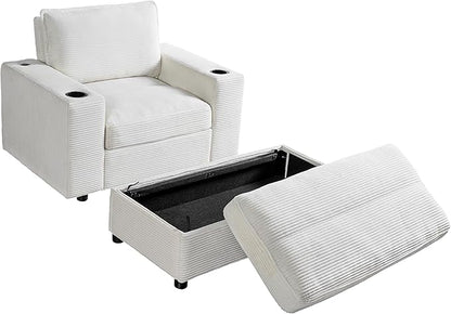Christopher Knight Home Zoe Oversized Chaise Lounge Chair Indoor with Cup Holders & USB Charging Port, Corduroy Upholstered Sofa Bed + Ottoman with Storage, Comfy Deep Seat Sleeper Sofa Chair, Beige