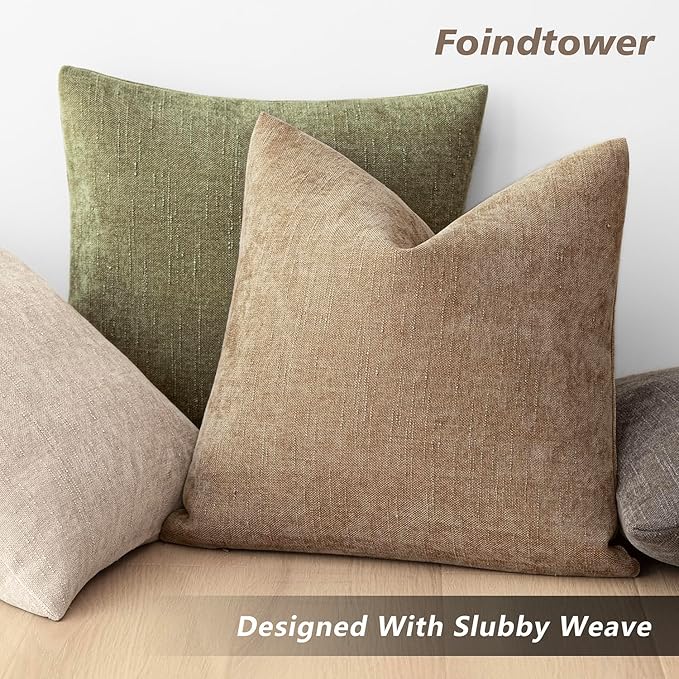 Foindtower Pack of 2 Soft Textured Chenille Throw Decorative Pillow Covers Square Accent Solid Cushion Cover Neutral Lumbar Pillow Case for Couch Sofa Bedroom Living Room 12x20 Inch,Taupe Khaki Camel