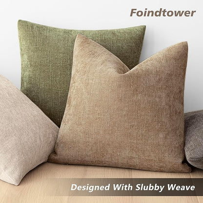 Foindtower Pack of 2 Textured Chenille Throw Decorative Pillow Covers Square Accent Solid Cushion Cover Neutral Farmhouse Pillow Case for Couch Sofa Bedroom Living Room 16x16 Inch,Taupe Khaki Camel