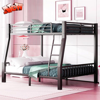 Stronger & Higher Quality Heavy Duty Bunk Bed Full XL Over Queen Size Bunkbed, Thickened Safer More Stable Steel Metal Queen Bunk Bed (Faster Assembly) (Full XL Over Queen)