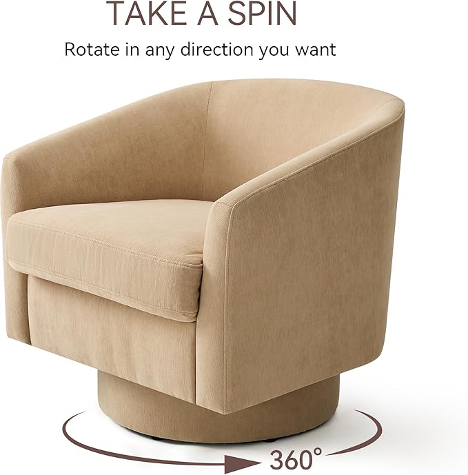 Swivel Barrel Accent Chair, Round Chenille Fabric Living Room Arm Chairs, Modern Upholstered Comfty Reading Nook Chairs for Bedroom, Small Club Armchair, Single Sofa Side Chair, Coffee