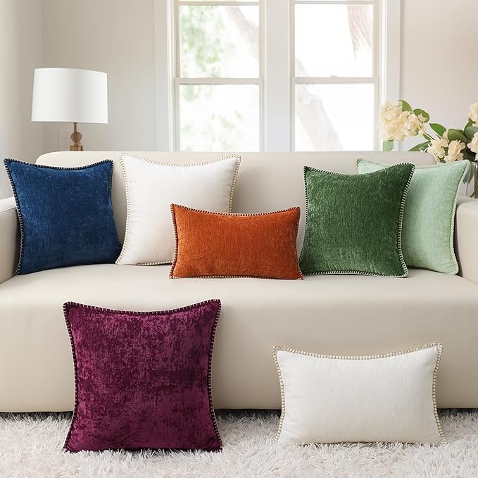 decorUhome Chenille Soft Throw Pillow Covers 22x22 Set of 2, Farmhouse Velvet Neutral Decorative Euro Pillow Covers with Stitched Edge for Couch Sofa Bed Home Decor, Poseidon