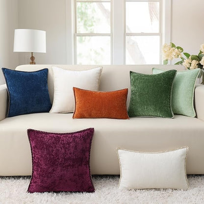 decorUhome Chenille Soft Throw Pillow Covers 18x18 Set of 2, Farmhouse Velvet Neutral Decorative Euro Pillow Covers with Stitched Edge for Couch Sofa Bed Home Decor, Neutral Gray