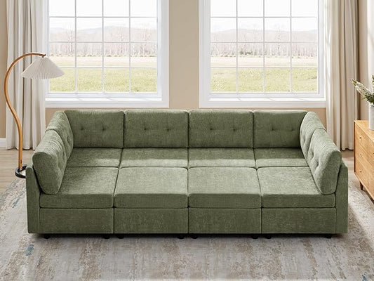 VANOMi 6 Seat Cloud Couches for Living Room with 2 Ottomans, 118" Convertible Modular Sectional Sofa Bed, Comfy Chenille Sofas & Couches for Living Room, Apartment, Office, Olive Green, Large Sofa Bed