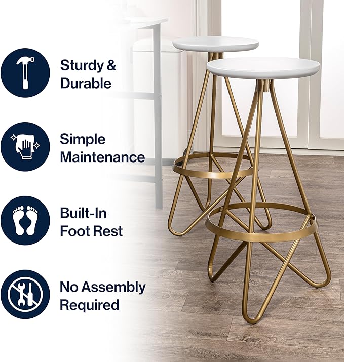 JONATHAN Y BSL1000D Spiroa 30" Modern Industrial Metal Backless Circular Bar Stool for Home, Kitchen, Dining Room, Workspaces, Cafes and Resturants, White Seat with Gold Frame