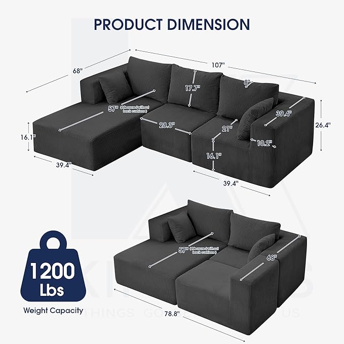 KINGYES 107'' Modular Sectional Sofa, L Shaped Cloud Couch for Living Room, Modern Boneless Sofa with Chaise for Bedroom, Gray