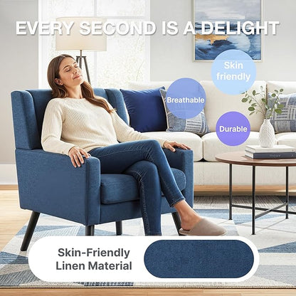 Mid-Century Modern Accent Chair Set of 2, Plush Linen Fabric with Button Tufted High Back & 5" Thick Cushion, High Comfort Reading Chair for Living Room, Bedroom, Office (Blue)