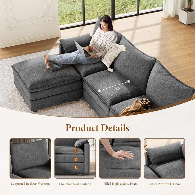 Vesgantti 142" U Shaped Sectional Couch, Comfy Cloud Modular Sectional Sofa with 2 Ottoman Deep Seat Chenille Modern Cloud Sofa, Modular Sofas for Living Room, Bedroom and Apartment, Gray