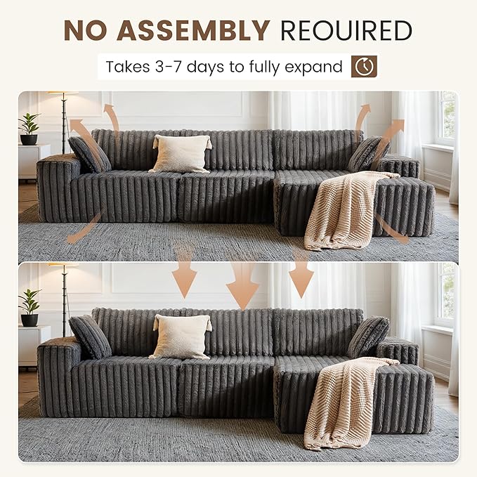 Apicizon 113" Modular Sectional Couch for Living Room, L Shaped Sectional Sofa Couch with Deep Seat, 3 Seat Boneless Sofa with Chaise Longue for Apartment，No Assembly Required (Plush Corduroy Gray)