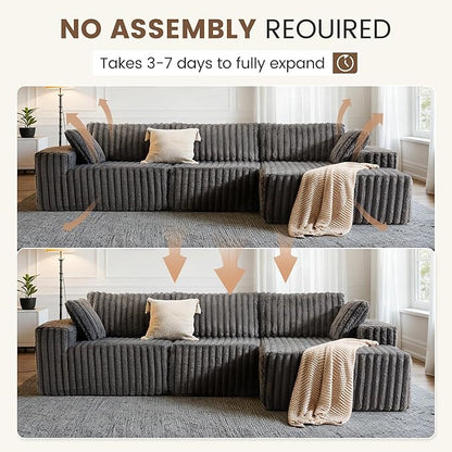 Apicizon 113" Modular Sectional Couch for Living Room, L Shaped Sectional Sofa Couch with Deep Seat, 3 Seat Boneless Sofa with Chaise Longue for Apartment，No Assembly Required (Plush Corduroy Gray)