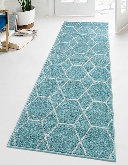 Unique Loom Trellis Frieze Collection Area Rug - Geometric (2' x 6' 1" Runner Light Blue/Ivory)