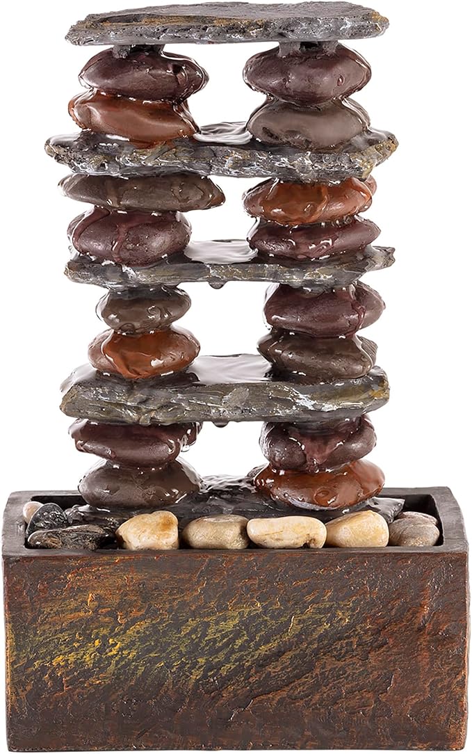 Alpine Corporation TT8002 Indoor/Outdoor Tabletop Stacked Rocks Eternity Fountain, Modern Rocks Tabletop Fountain 12", Brown