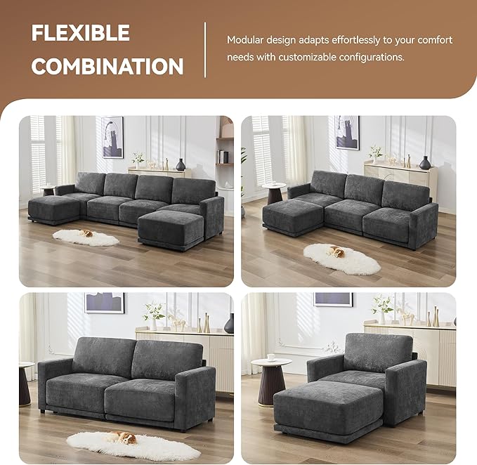 110.6" L-Shaped Modular Sectional Sofa Modern Chenille Comfy Couch with Thickened Seat Cushions, Easy Assembly, Upholstered 4 Seater Couch with Movable Ottoman for Living Room, Grey