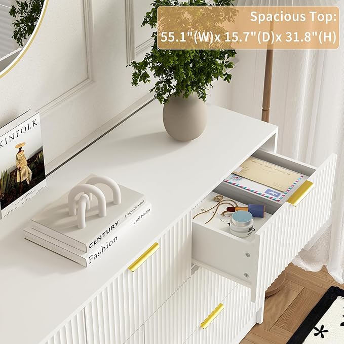 3-Piece Modern Bedroom Furniture Set, Wide 7-Drawer Dresser & 3-Drawer Nightstands Set of 2, Natural Wood Dresser and Nightstand Sets for Bedroom, Hallway, White