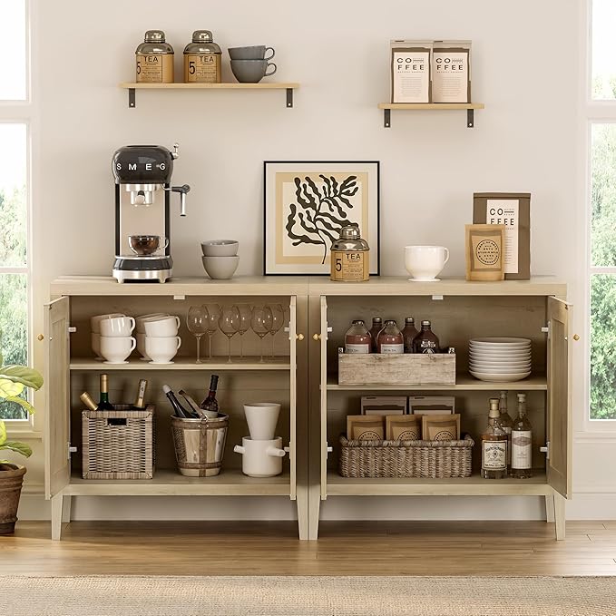 Sideboard Buffet Cabinets with Adjusable Shelves, Farmhouse Storage Cabinet, Credenza, Accent Cabinet, Kitchen Coffee Bar Console Table for Living Dining Room, Light Oak