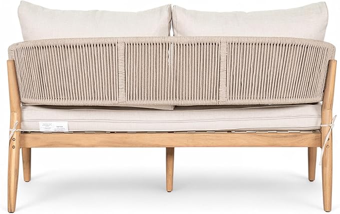 Christopher Knight Home Katarina Patio Acacia Wood Loveseat Furniture, Outdoor Loveseat Sofa with Comfy Fabric Cushions, 2-Seater Sofa with Handwoven Rope Backrest for Garden, Light Brown+Beige