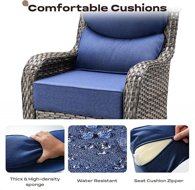 Rilyson 4 Piece Outdoor Patio Swivel Rocker Chairs, Waterproof Wicker, High Back, Deep Seating, Wide Armrest, Upgraded 6 inch Thick Cushions, Ideal for Deck Porch Backyard, Mixed Grey/Blue