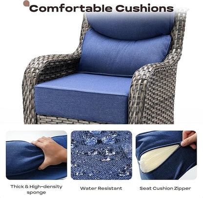 Rilyson 4 Piece Outdoor Patio Swivel Rocker Chairs, Waterproof Wicker, High Back, Deep Seating, Wide Armrest, Upgraded 6 inch Thick Cushions, Ideal for Deck Porch Backyard, Mixed Grey/Blue