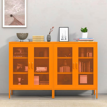 Orange Metal Storage Cabinet with Mesh Doors, Small Office Cabinet with 2 Adjustable Shelves, Accent Metal Locker Storage Cabinet for Home, Office, Living Room, Hallway