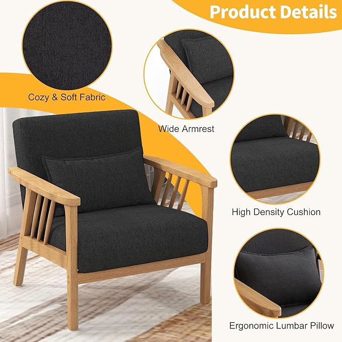 Mid-Century Modern Accent Chair, Linen Armchair and Lounge Chair with Lumbar Pillow, Wide Seat & Solid Wood Frame for Living Room, Bedroom or Balcony （Dark Gray）