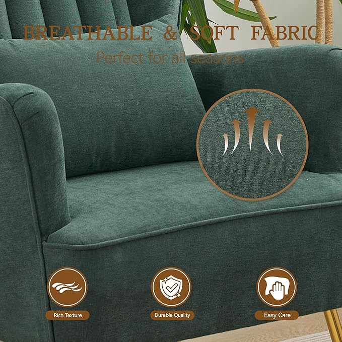 Fabric Accent Living Room Arm Chair with Pillow & Golden Legs, 8.5" Thick Cushion, Mid Century Modern Wingback Chairs Upholstered Comfy Sofa Armchair for Reading Room/Bedroom, Green