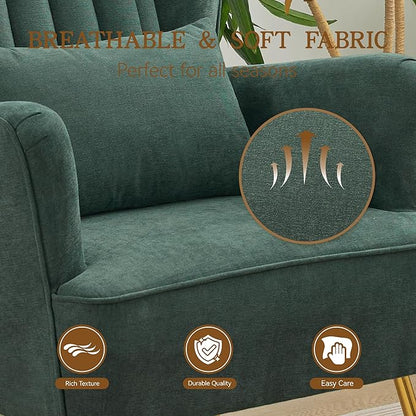Fabric Accent Living Room Arm Chair with Pillow & Golden Legs, 8.5" Thick Cushion, Mid Century Modern Wingback Chairs Upholstered Comfy Sofa Armchair for Reading Room/Bedroom, Green