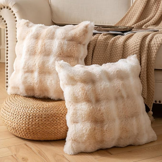 Pack of 2 Thick Plush Throw Pillow Covers Fluffy Wave Faux Fur Decorative Cushion Covers Soft Wool Pillowcase for Sofa Couch Livingroom 18x18 Inch White Beige