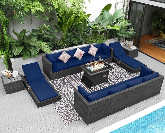 NICESOUL 13 Piece Outside Furniture with Firepit, Extra Large Outdoor Sofa Set with Lounges, Oversized Wicker Patio Sets with Long Fire Pits and Double Chaise, Big 10-Persons Seating Group, Gray&Navy