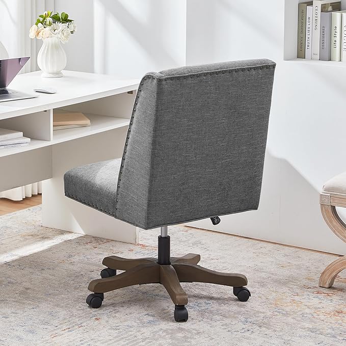 Upholstered Armless Home Office Chair with Wooden Legs, Modern Office Desk Chair No Arms Sewing Chair Adjustable Swivel Desk Chair for Farmhouse Office Study Studio (Dark Gray)