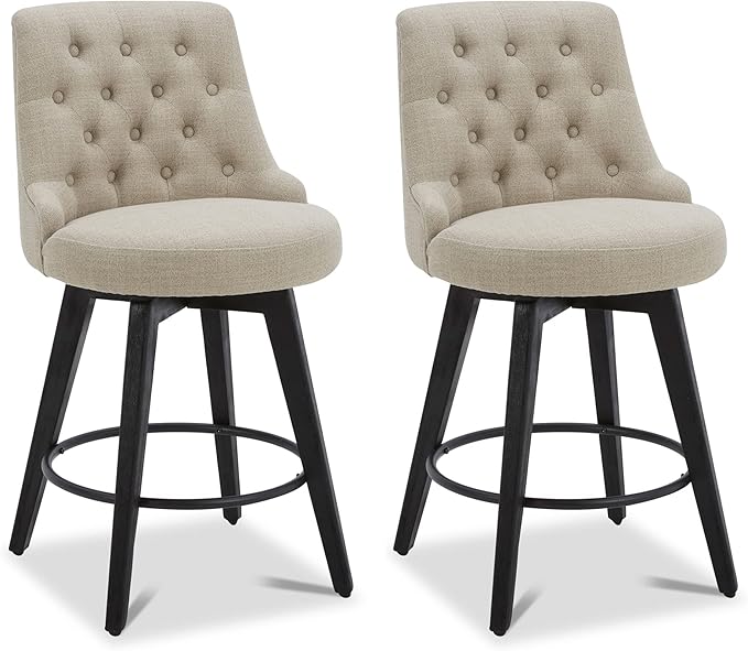 Watson & Whitely Modern Swivel Bar Stools, Performance Fabric Upholstered Counter Height Bar Stool with Back, Solid Wood Legs, 26" H Seat, Set of 2, Tan